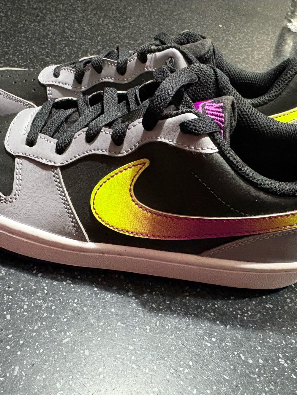 Nike Kids Black & Gray Sneakers with Yellow-to-Pink Gradient Swoosh